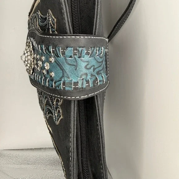 Western Embroidered Crossbody Bucket Bag Black Teal Floral Studded Concho Boho - Picture 12 of 14